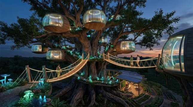 Futuristic illuminated treehouse pods in night forest.