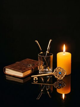 Sophisticated golden key alongside a journal pens and a candle on a shiny reflective surface