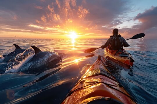 Kayaker enjoys sunset paddle with dolphins in calm ocean waters near the coast