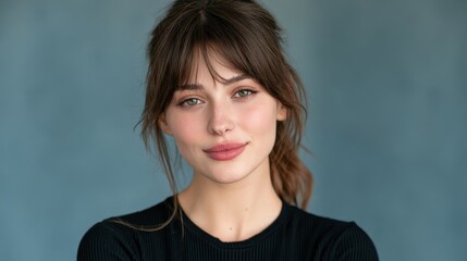 Obraz premium Portrait of a beautiful woman with green eyes and brown hair against a blue background