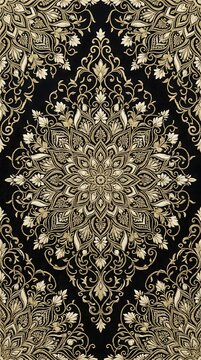 Seamless luxury pattern with golden floral mandala on black background