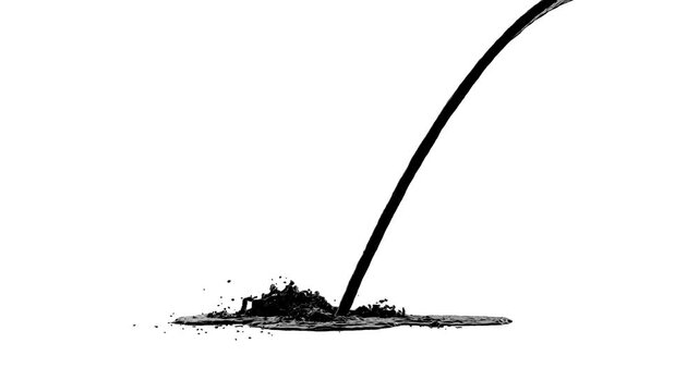 Black petrol pouring and splashing on floor, against white