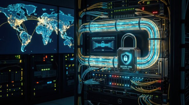 Global Cyber Security Network Server Room with Digital Lock and World Map.