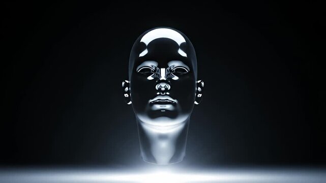 Chrome human head sculpture on dark reflective floor.