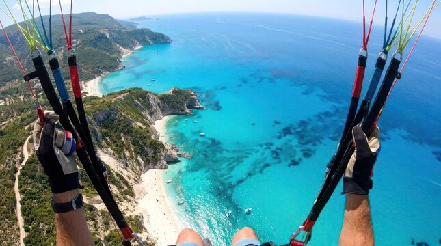 First-person view of paragliding over clear blue ocean bay.