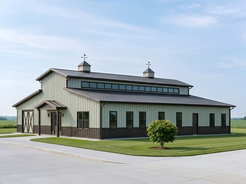 Cream metal barn-style building with cupolas dark lower walls and covered entrance on paved driveway in rural setting