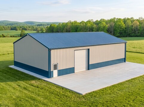 Beige metal building with blue lower walls white roll-up door and side door on concrete pad in green field