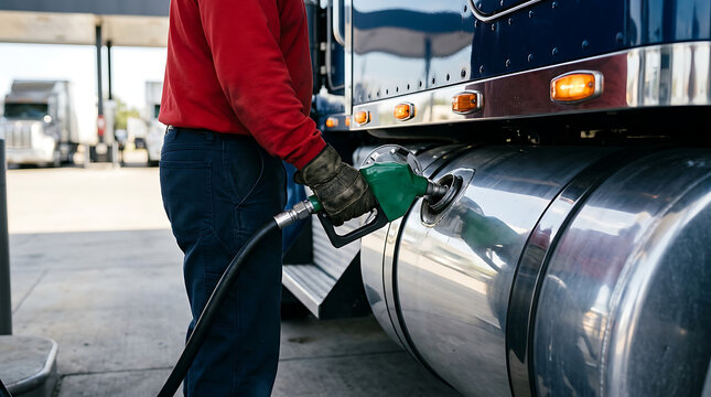 Professional worker refueling a heavy-duty semi-truck at a bustling highway gas station