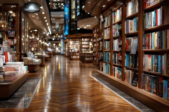 Grand Bookstore Interior with Wooden Shelves and Herringbone Floor