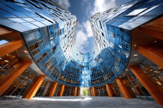 Modern Curved Glass and Wood Office Building Exterior
