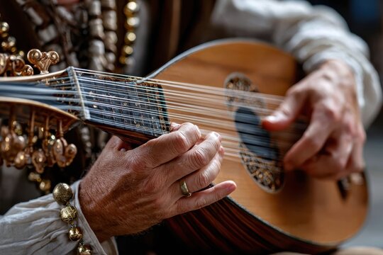 Musician plays traditional lute during cultural performance in historical setting