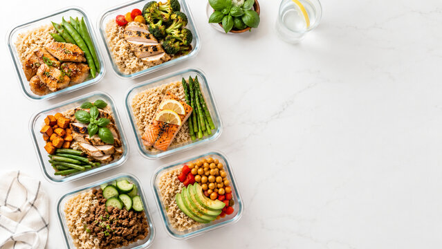 Weekly meal prep containers with healthy food arrangement
