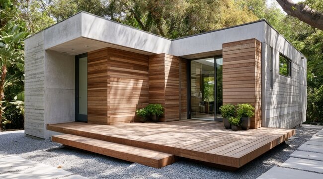 Rectangular house with a flat roof and a wooden deck facade nestled among tropical trees