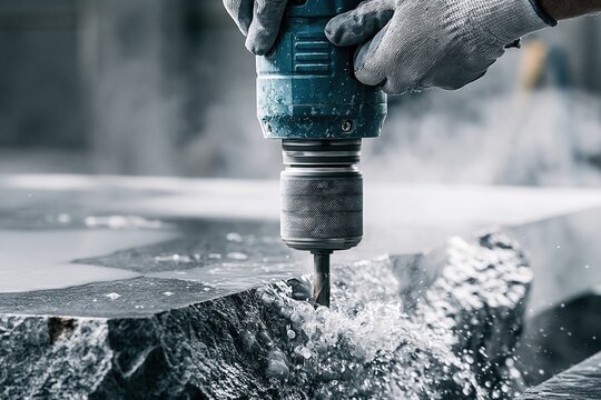 Industrial core drill boring through a wet stone slab, gloved hands guiding the tool through gritty water and slurry for masonry and construction