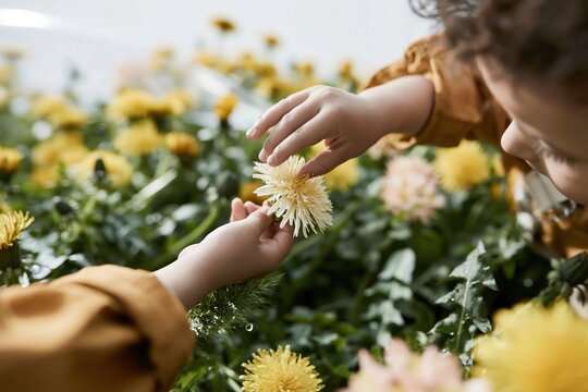 Small hands of a child reaching for a soft yellow dandelion flower in a lush green meadow for nature exploration and childhood discovery themes