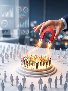 Hand holding a magnet attracting diverse figures representing business engagement and influence
