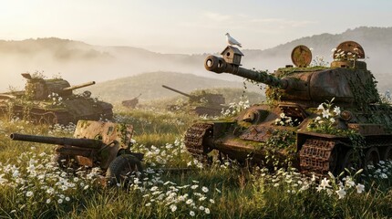 Obraz premium Abandoned military tanks covered in flowers in meadow.