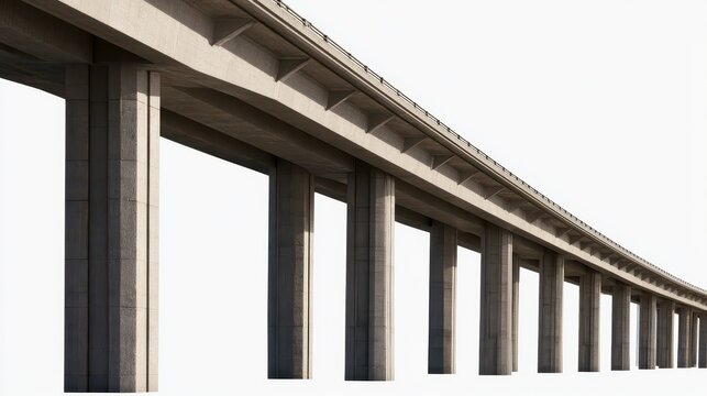Concrete highway bridge structure with support pillars isolated on white background
