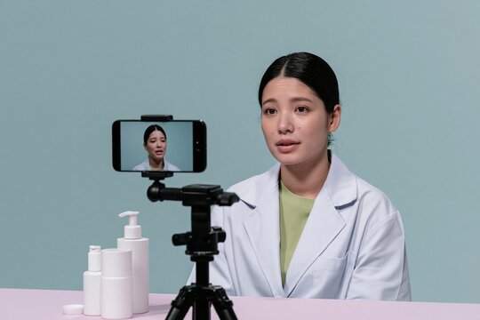 Smartphone on a tripod filming a woman in a lab coat for a beauty vlog, featuring white cosmetic bottles on a soft pink surface for social media marketing
