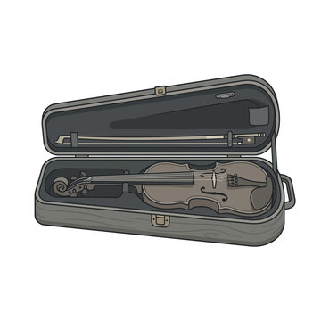 Classic violin in open protective carrying case.