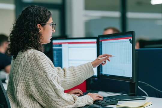 A woman in a cable knit sweater points a pen at a spreadsheet on a computer monitor in a modern office for financial analysis and accounting software campaigns