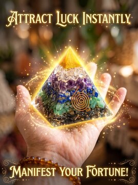 Hand holding an orgone pyramid for energy and meditation enhancement in a serene environment
