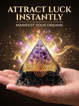 A person grasping an orgone pyramid crystal promoting energy flow and manifestation abilities