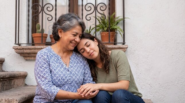 Hispanic mother and adult daughter resting head on shoulder