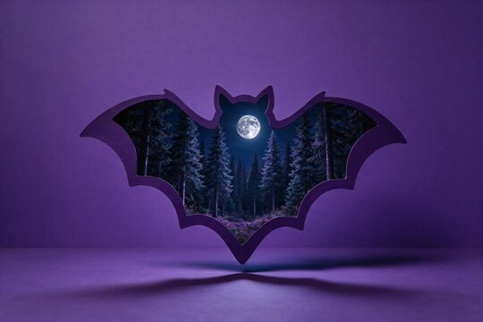 A floating bat shaped portal revealing a moonlit forest scene within a deep violet minimalist for Halloween advertising and seasonal content
