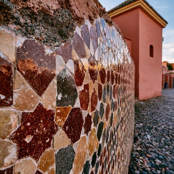 Intricate Islamic geometric tilework on an outdoor wall, featuring weathered zellige mosaic textures in warm taupe and brown for travel and heritage branding
