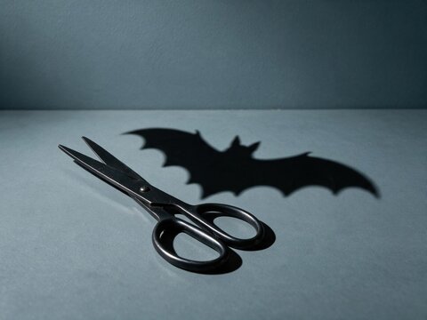 Metal scissors on a grey surface casting a spooky bat shaped shadow with dramatic lighting and copy space for Halloween craft marketing