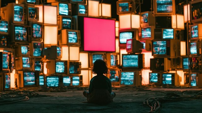 Silhouetted young girl sits before a massive wall of glowing vintage television screens for media saturation and retro technology concepts