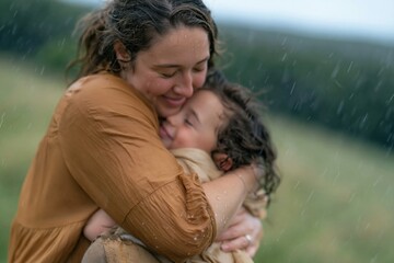 Fototapeta premium A young woman embracing a small child in the falling rain, featuring wet clothing and a tender mood for family bonding and resilience campaigns