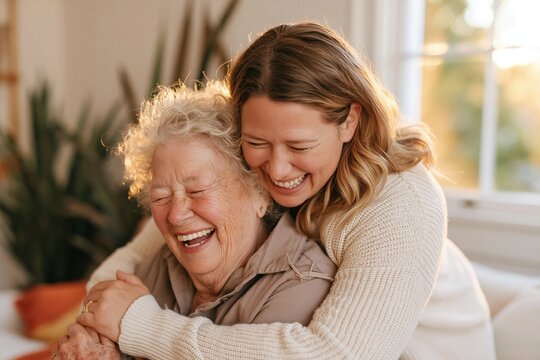 An adult daughter hugging her elderly mother from behind with a joyful laugh, showing soft knit textures and warm golden light for family care and senior living marketing