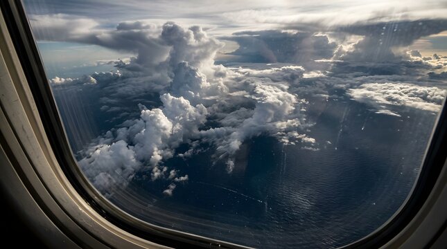 Aerial view of dramatic cumulus clouds and ocean seen through an airplane window
