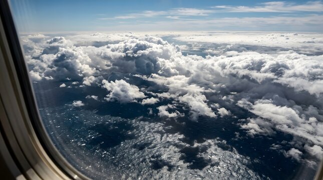 Aerial view through airplane window showing white clouds over blue sea during high-altitude daylight flight