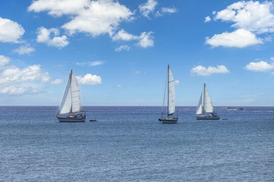 Serene white sailboats cruising deep blue open sea calm enjoy summer horizon clouds. Nautical adventure travel freedom lifestyle scene. Ocean voyage sailing scenic landscape backdrop, outdoor activity