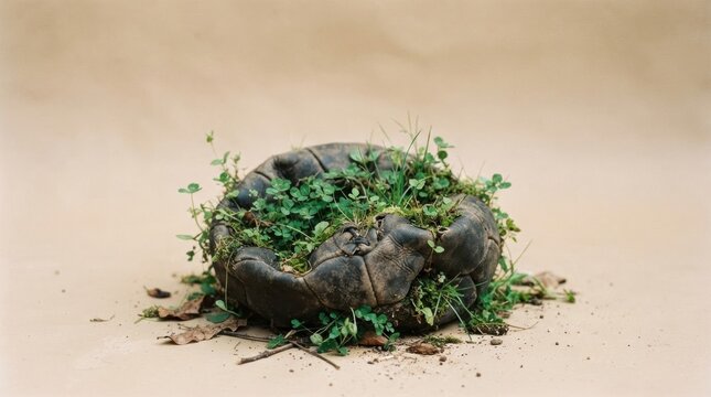 Deflated soccer ball reclaimed by nature with green clover and grass growing through its weathered leather surface for sustainability and recycling campaigns