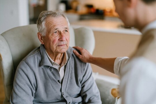 Senior man sitting in a sage green armchair while a caregiver places a comforting hand on his shoulder, depicting a tender moment for elder care and nursing campaigns