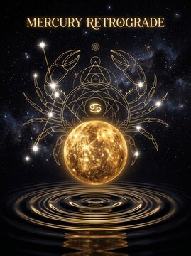 Astrological symbolism of mercury retrograde with celestial elements and water reflection