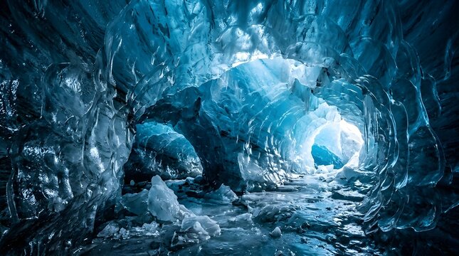 Breathtaking view inside a glowing blue glacier ice cave with sunlight filtering through the frozen walls