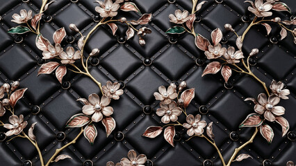 Naklejka premium Luxurious 3D Render Featuring Ornate Floral Metal Branches Against a Deep Black Tufted Quilted Leather Background Texture