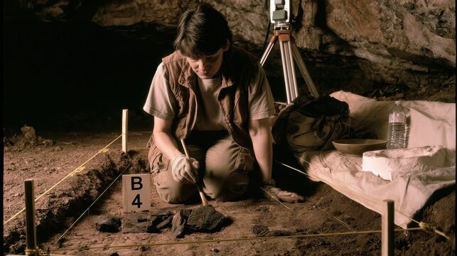 Woman archaeologist carefully excavating artifacts at a dig site