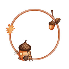 Autumn wreath, Illustration acorn house, acorn, oak branch with leaf Template round hand drawn in children's style on isolated background for design postcards, holidays, clothes, dishes © Evgeniia