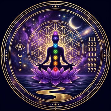 Spiritual graphic of meditating figure surrounded by angel numbers and cosmic elements