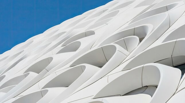 Architectural detail of a modern building with curved white facade against a blue sky