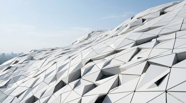 Abstract architectural facade with sharp angles and geometric shapes against a bright sky