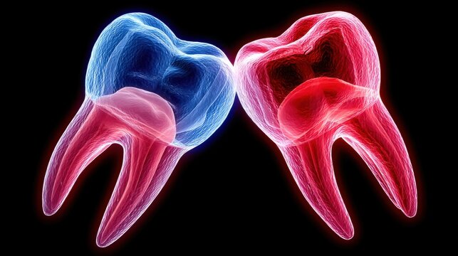 3D anatomy render of impacted wisdom teeth glowing in blue and red colors, showcasing dental structure and detail