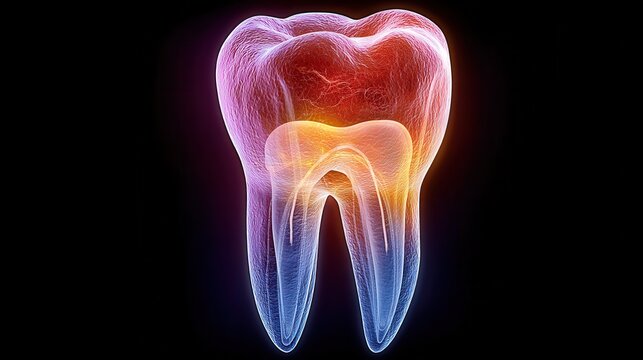 3D anatomy render of impacted wisdom tooth glowing with vibrant colors, showcasing intricate details and structure