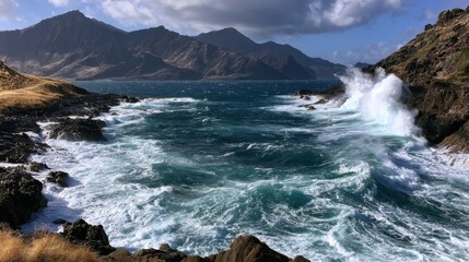 Fototapeta premium Rocky coastline with turquoise waves crashing against cliffs and distant mountains